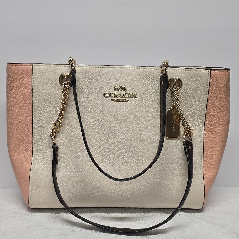 Coach Cammie Chain Tote Shoulder Bag Colorblock Cream Peach Pebbled Leather
